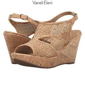 NEW VANELI Eleni Natural Cork Wedge Sandals Gold Buckle Open Toe Heels Size 11M